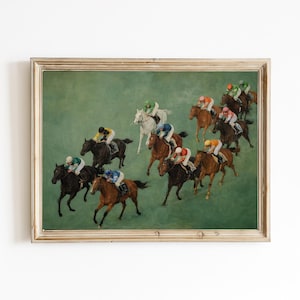 Lámina artística vintage de carreras de caballos: Jinetes ecuestres en pista verde (descarga digital)