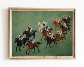 Vintage Horse Racing Art Print – Equestrian Jockeys on Green Track (Digital Download)