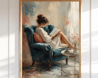 Frau liest Wandkunst, Vintage Buchliebhaber Druck, gemütliche Leseecke Dekor, impressionistische figurative Malerei, Bibliothek Poster Geschenk