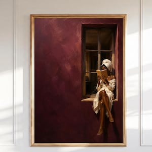 Painting of a Black woman in a white towel reading a golden book on a sunlit windowsill against a deep burgundy wall, moody figurative wall art print.