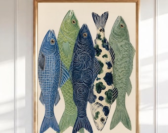 Vintage Fisch Wandkunst, Küstennautik Druck, Blau Grün Fisch Illustration, Bauernhaus Küche Dekor, See Haus Kunst, Fischer Geschenk