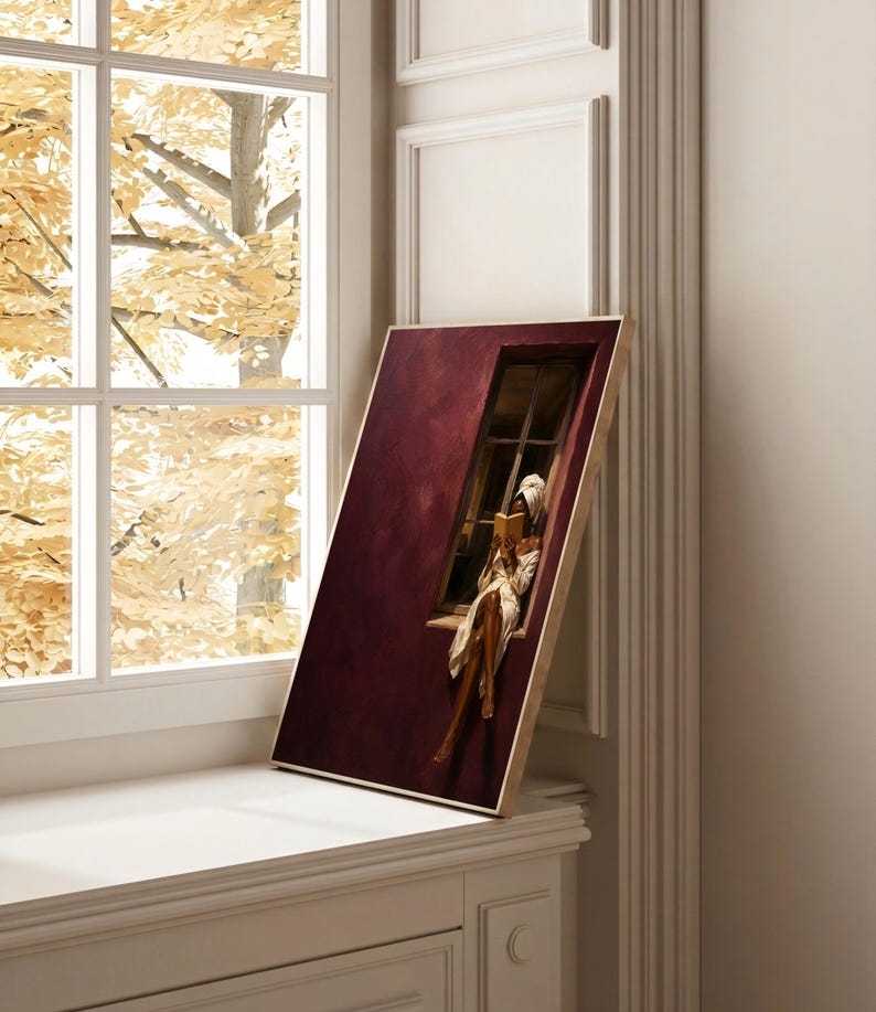 Painting of a Black woman in a white towel reading a golden book on a sunlit windowsill against a deep burgundy wall, moody figurative wall art print.