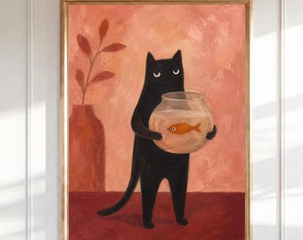 Black Cat Holding Fishbowl Print, Whimsical Cat Wall Art, Funny Kitten Painting, Quirky Animal Poster, Cute Cat Lover Gift