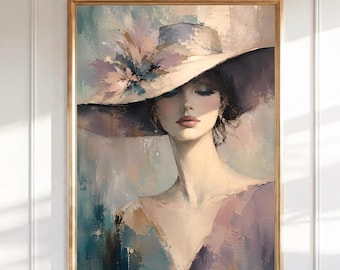 Elegant Woman Portrait Wall Art, Vintage Fashion Lady in Hat Print, Pastel Feminine Painting, Boho Chic Bedroom Decor, Digital Download