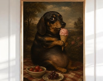 ヴィンテージ風ダックスフンドの油絵プリント、風変わりな犬のアイスクリームピクニック装飾（デジタルダウンロード）