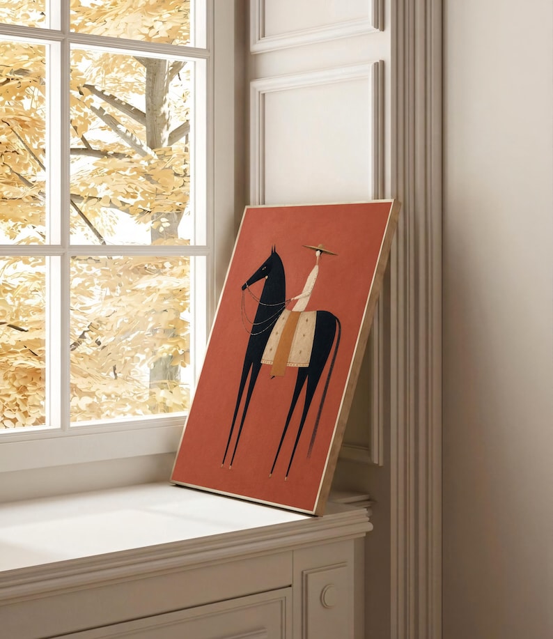 Folk art print of a figure in a wide-brim hat riding a tall dark horse with a tan saddle blanket on a warm terracotta background, vertical mid century equestrian wall art.