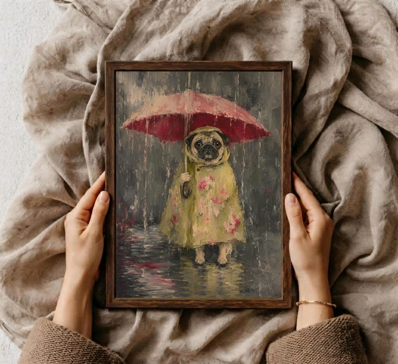 Whimsical painting of a pug wearing a yellow floral raincoat and holding a red umbrella in the rain, with a moody gray painterly background.