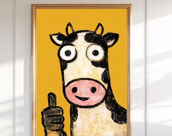 面白い牛のサムズアッププリント、風変わりな農場動物の子供部屋用ウォールアート（デジタルダウンロード）