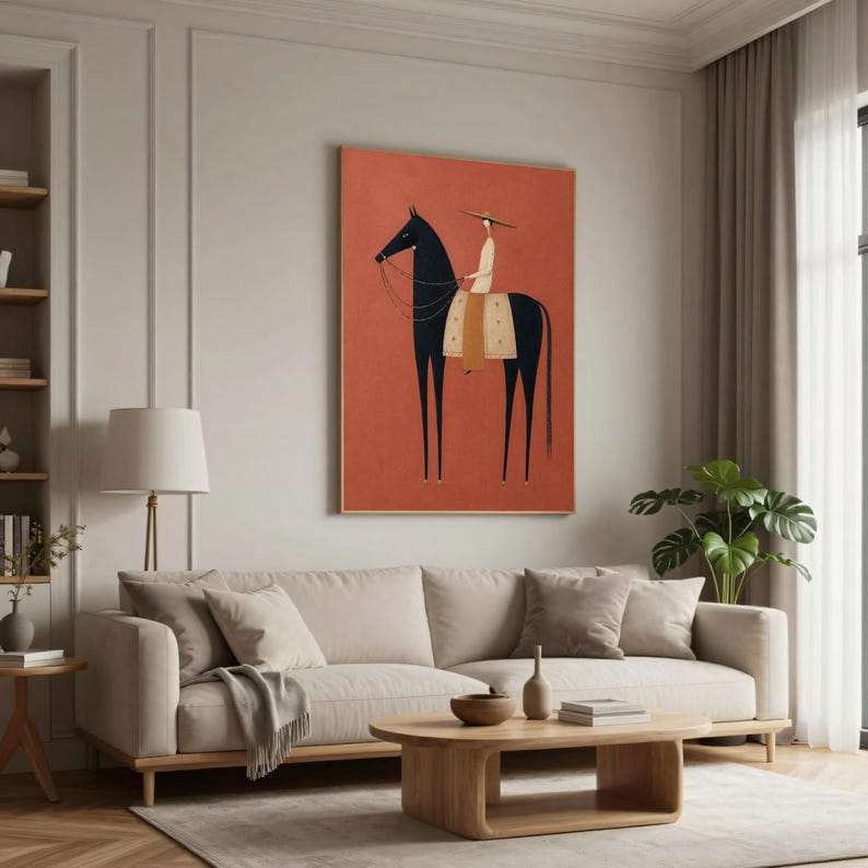 Folk art print of a figure in a wide-brim hat riding a tall dark horse with a tan saddle blanket on a warm terracotta background, vertical mid century equestrian wall art.