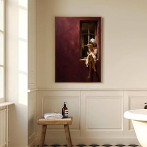 Painting of a Black woman in a white towel reading a golden book on a sunlit windowsill against a deep burgundy wall, moody figurative wall art print.