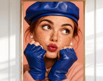 Arte de parede com retrato de moda, estampa de mulher sardenta com boina azul, pôster de moda retrô chique, decoração de parede com estética rosa e pêssego, impressão editorial.