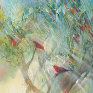 May include: An abstract painting depicting red birds amidst green foliage. The artwork has a soft, blurred effect with a light blue and yellow background, creating a sense of movement and depth. The painting is signed in the lower left corner.
