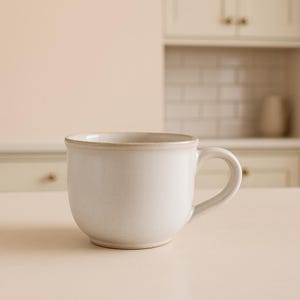 May include: A cream-colored ceramic mug with a rounded body and a curved handle. The mug has a speckled texture and a slightly darker rim. The background features a neutral-toned kitchen setting, suggesting a cozy, everyday use.