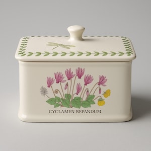May include: Cream-colored rectangular ceramic container with a lid and a small knob. The front features a floral illustration of pink cyclamen flowers and the text "CYCLAMEN REPANDUM." The lid has a dragonfly and green leaf border.