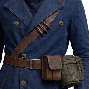 Könnte beinhalten: Ein marineblauer Mantel mit einem braunen Ledergürtel und Schulterriemen. Der Mantel hat große, runde Knöpfe und ein doppelreihiges Design. Eine braune Ledertasche und eine grüne Canvas-Tasche sind am Gürtel befestigt.
