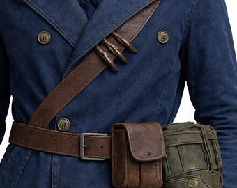 Blue Tactical Trench Coat with Leather Belt  Utility Pouch | Military Scout Long Coat  Post-Apocalyptic Utility Jacket | Cosplay  Streetwear