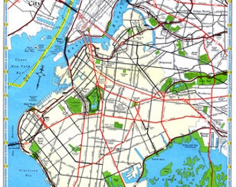 Brooklyn Map Vintage 1960s Art Illustration New York City NYC - Digital Image Scanned Copy