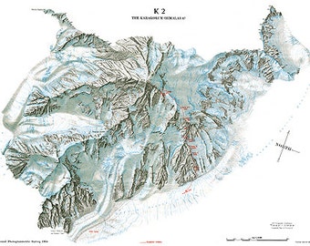 Vintage Himalayas Mountains K2 Karakorum Summit Topographical Map