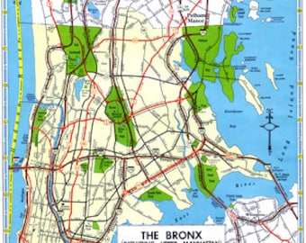 Bronx and Upper Manhattan Map Vintage 1960s Art Illustration New York City NYC - Digital Image Scanned Copy