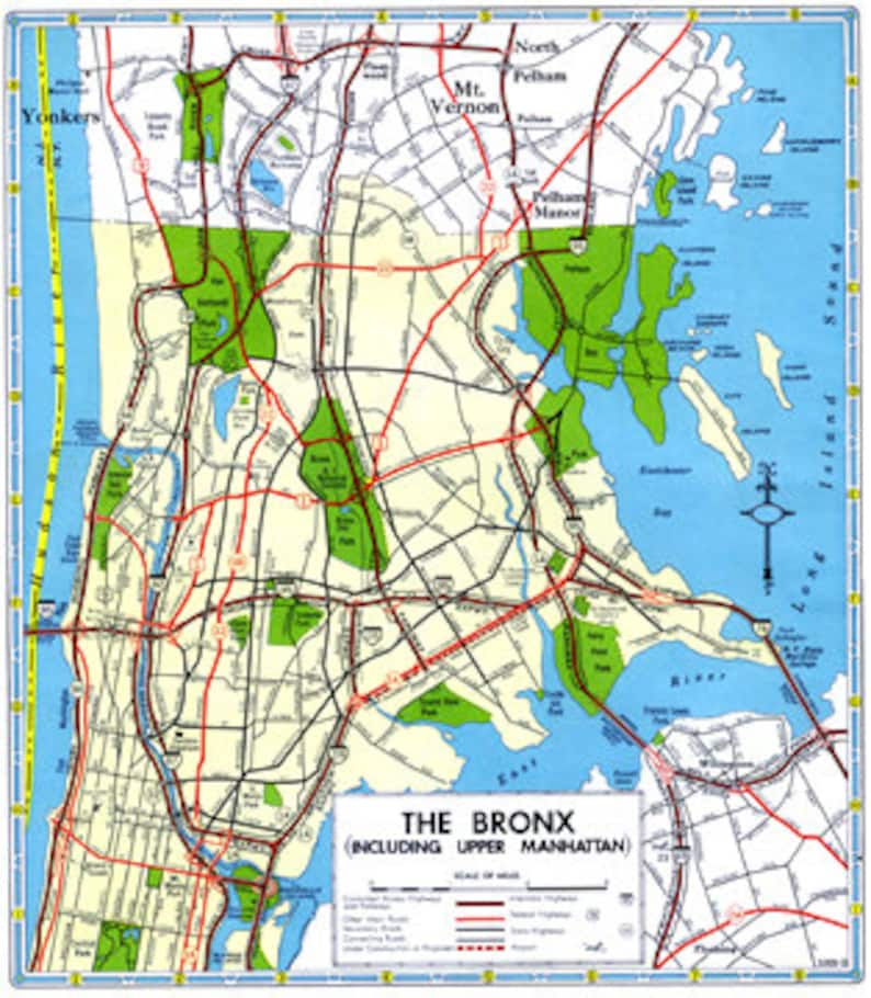 Bronx and Upper Manhattan Map Vintage 1960s Art Illustration New York