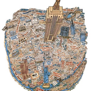 Manhattan Map Vintage 1980s Art Illustration New York City NYC Boroughs - Digital Image Scanned Copy