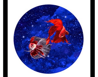 Yin-Yang Red Betta Fish Digital Collage Fine Art Print