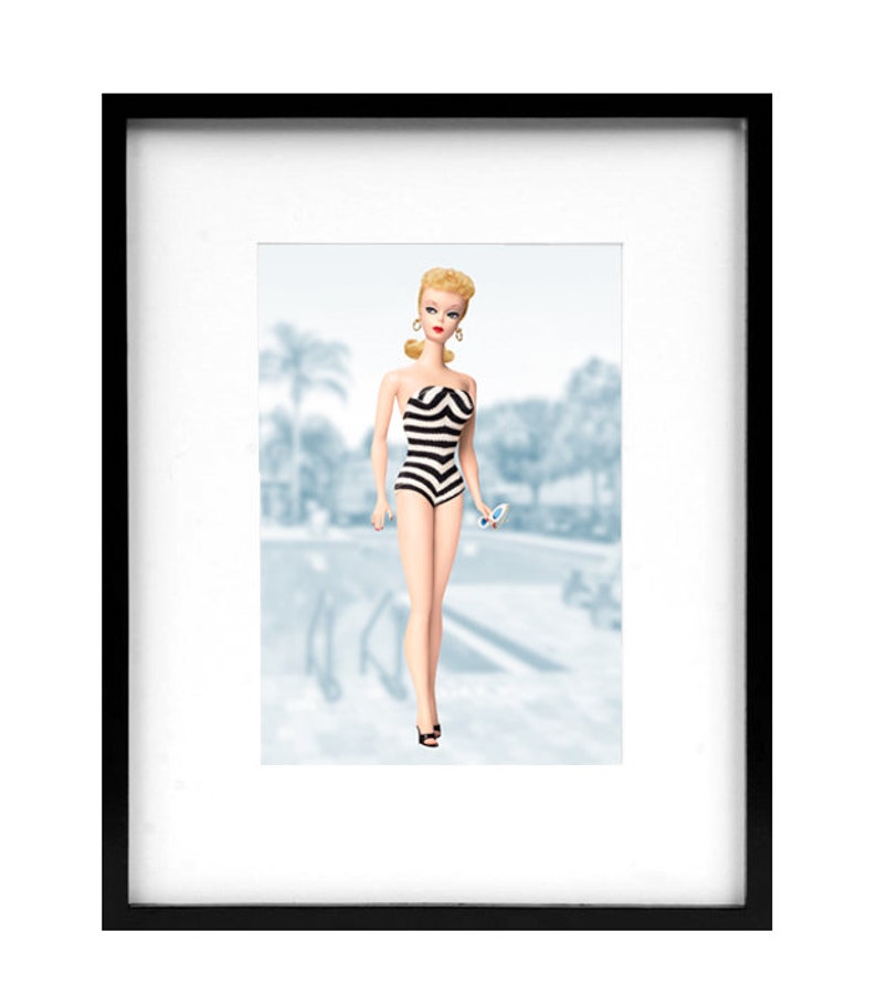 Vintage Retro Original Barbie Doll Blonde Striped Suit with Pool Scene Photo Print Graphic Art Print image 4