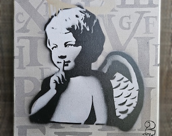 Original Mixed Media Canvas Panel Graffiti Industrial Street Art Style Angel Cherub