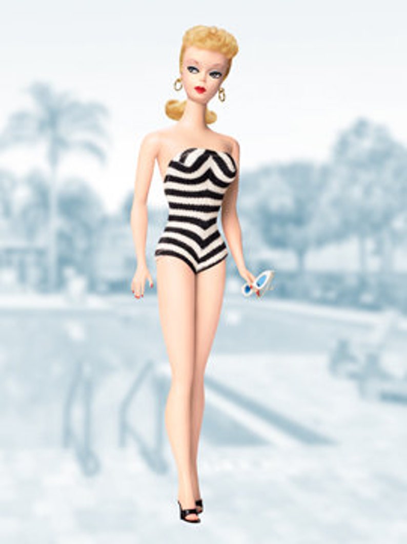 Vintage Retro Original Barbie Doll Blonde Striped Suit with Pool Scene Photo Print Graphic Art Print image 2