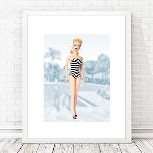 Vintage Retro Original Barbie Doll Blonde Striped Suit with Pool Scene Photo Print Graphic Art Print image 1