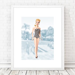 Vintage Retro Original Barbie Doll Blonde Striped Suit with Pool Scene Photo Print Graphic Art Print image 1