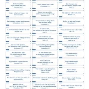 May include: A grid of rectangular cards, each bearing a Bible verse in black text on a white backdrop. The cards are arranged in a grid, with each card displaying a different quote. The overall theme is religious and inspirational, with a focus on scripture.