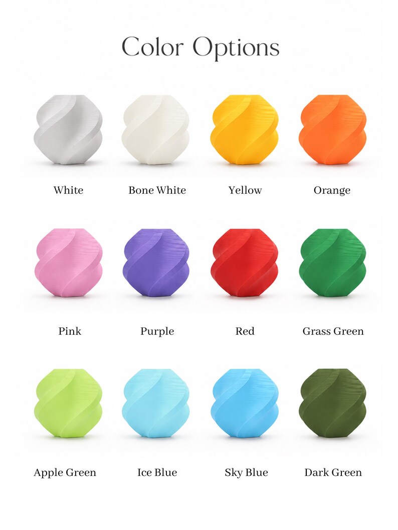 May include: A grid of twelve small, spiraled, geometric vases labeled Color Options. The colors include white, bone white, yellow, orange, pink, purple, red, grass green, apple green, ice blue, sky blue, and dark green, each arranged in rows.