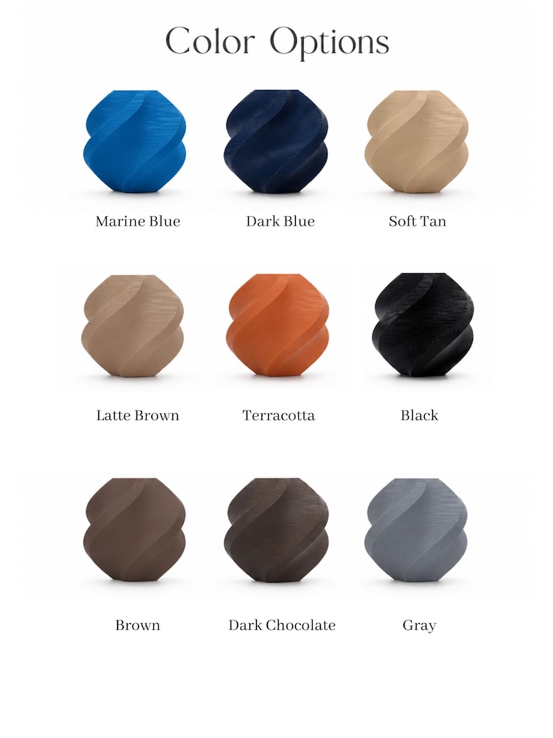 May include: A grid of nine small, spiraled, geometric vases labeled Color Options. The colors include marine blue, dark blue, soft tan, latte brown, terracotta, black, brown, dark chocolate, and gray. Each vase features a distinct twisted texture.