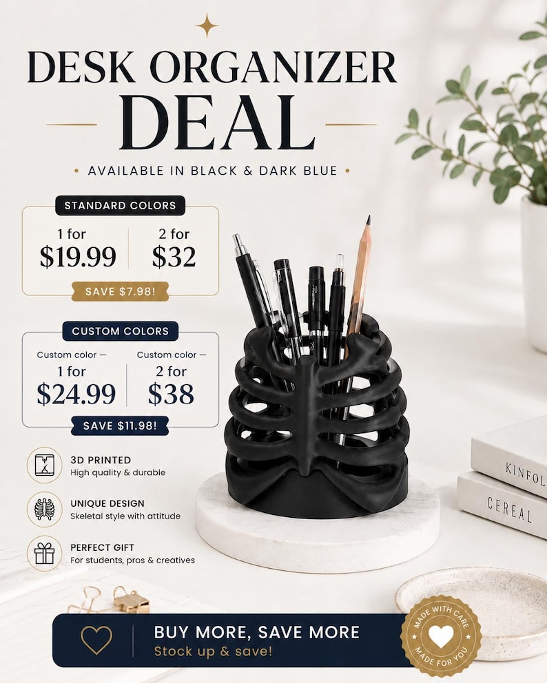 May include: A black desk organizer shaped like a human rib cage, holding several pens and pencils. The image includes text: DESK ORGANIZER DEAL, AVAILABLE IN BLACK & DARK BLUE, STANDARD COLORS, CUSTOM COLORS, 3D PRINTED, UNIQUE DESIGN, PERFECT GIFT, BUY MORE, SAVE MORE.