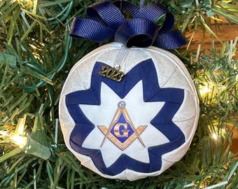 Masonic Square & Compass Quilted Fabric Christmas Ornament, 2021, 2022, 2023 Charm, Fabric Ball Ornaments, Handmade