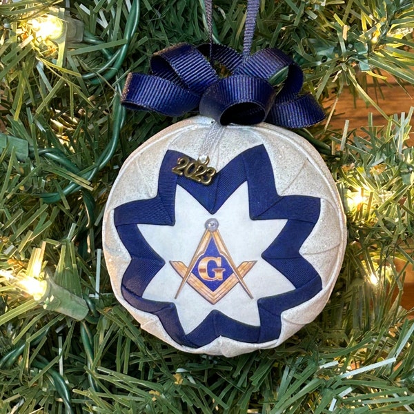 Masonic Square & Compass Quilted Fabric Christmas Ornament, 2021, 2022, 2023 Charm, Fabric Ball Ornaments, Handmade