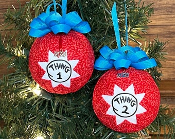 Thing One & Thing Two Inspired Quilted Fabric Christmas Ornament, 2023 Charm, Dr Suess Inspired