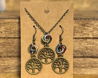 OES Tree of Life Necklace & Earrings Set, Eastern Star Jewelry, Antique Bronze