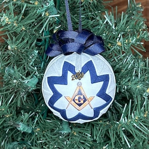 Masonic Square & Compass Quilted Fabric Christmas Ornament, 2025 Charm, Fabric Ball Ornaments, Handmade
