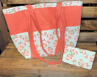 Cute Foxes Fabric Purse w/Matching Card Holder, Handmade Handbag