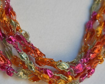 Sherbet   - Hand Crocheted Necklace, Lightweight Crochet Jewelry, Orange, Hot Pink, Sparkle Thread, Adjustable Necklace, Handmade