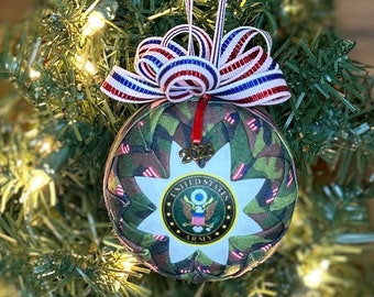 US Army Quilted Fabric Ornament, 2023 Charm, Camouflage Fabric Christmas, USA