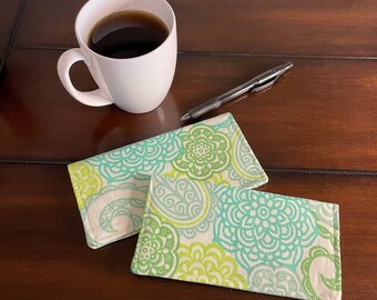 Aqua Paisley Fabric Checkbook Cover, Handmade in the USA, Teal Fabric, Mother’s Day Gifts, Lime Green
