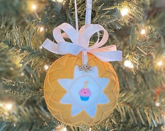 Birthday Quilted Fabric Christmas Ornament, 2022 Charm, Fabric Ornaments, Care Bear Inspired, Cupcake Belly Badge, Tummy Symbol,
