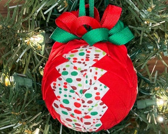 Only 1 Available! Christmas Fabric Handmade Quilted Ornament, Ball Ornaments Red & Green
