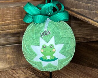 Frog On A Lilly Pad Quilted Ornament, Fabric Frog, 2024 Charm, Handmade Ornaments