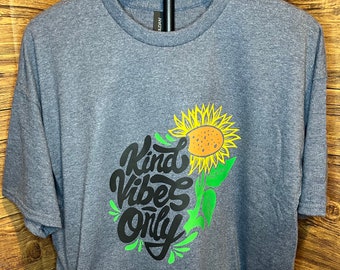 Kind Vibes Only Sunflower T-Shirt, Custom T-shirts, Sunflowers, Navy Blue Shirt,