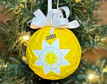 Funshine Quilted Fabric Christmas Ornament, 2023 Charm, Fabric Ornaments, Care Bear Inspired, Belly Badge, Tummy Symbol, Smiling Sunshine