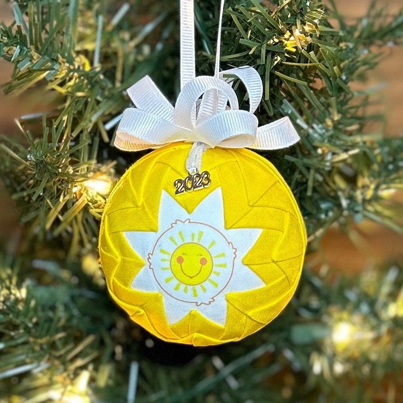 Funshine Quilted Fabric Christmas Ornament, 2023 Charm, Fabric Ornaments, Care Bear Inspired, Belly Badge, Tummy Symbol, Smiling Sunshine image 1